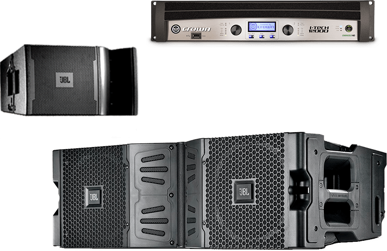 various JBL loudspeakers and Crown I-Tech amplifiers