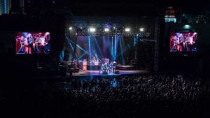 side view of a crowd & Lynyrd Skynyrd performing at night