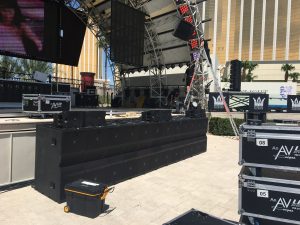JBL VTX V20’s and VTX G28, S28 subs powered by Crown Amps; Console: Yamaha QL1